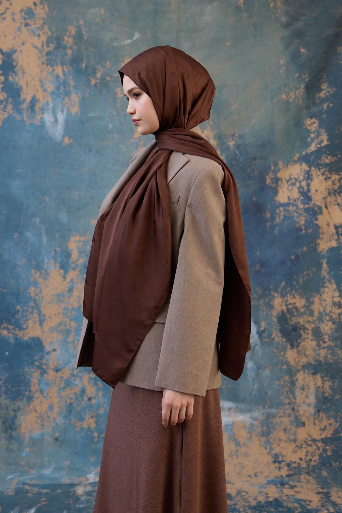 İpekhan-Fall Winter Silky Jacquard Shawl Brown 9018-08 3