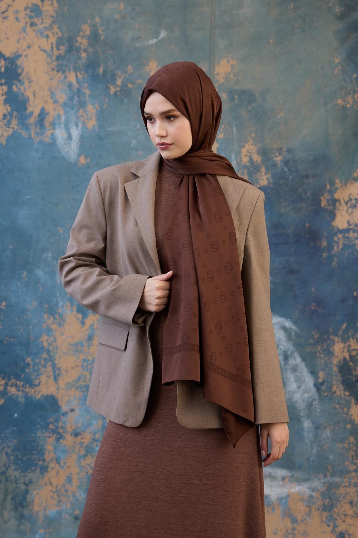 İpekhan-Fall Winter Silky Jacquard Shawl Brown 9018-08 2