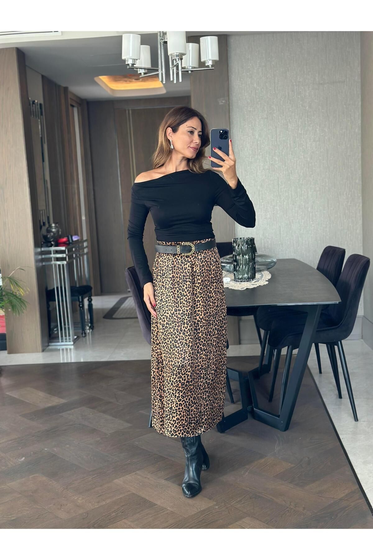 Forlady Butik Kahverengi Leopar Desen Midi Boy Saten Kadın Etek