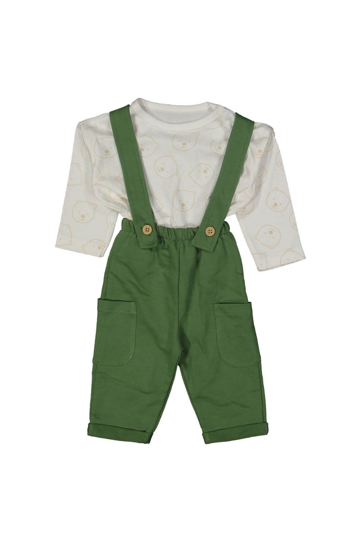 by BebekOdam-Baby Boy Ecru Green Teddy Bear Printed Salopet Set 1