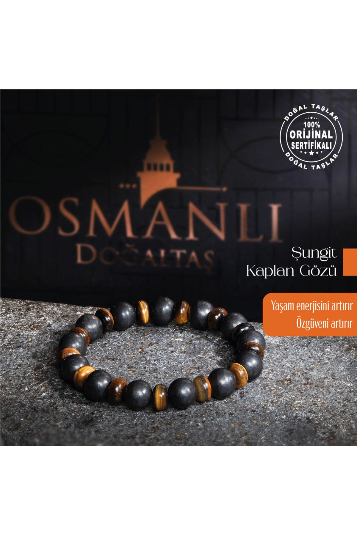 OSMANLI DOĞAL TAŞ-Certified Original Shungit Slim Fit Tiger Eye Natural Stone Bracelet 1