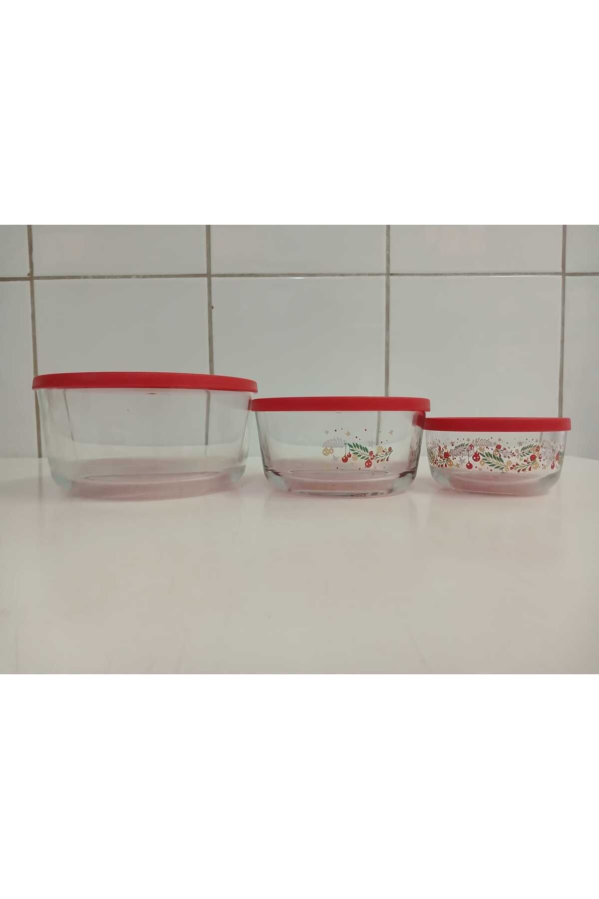 LAV-Feyzade Set of 3 Circle Storage Boxes (1490Cc-800Cc-380Cc) Rose Motif with Red Lid 3