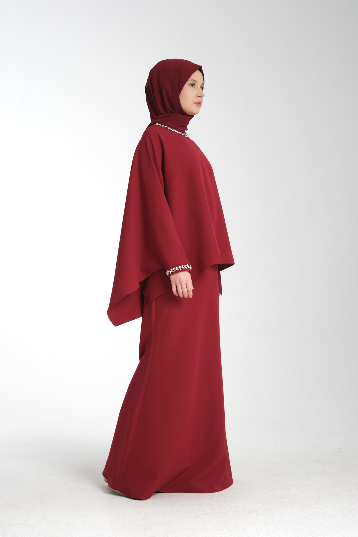 Stone Embroidered Claret Red Women's Modest Dress 2pcs Evening Set