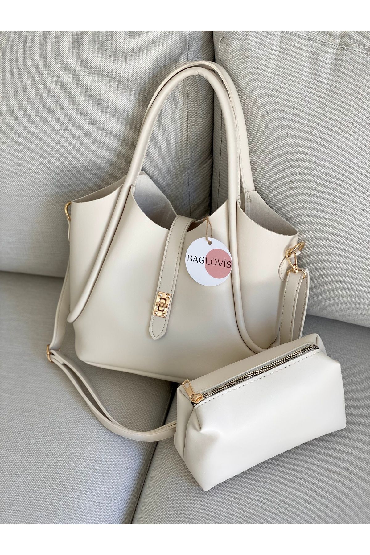 BAGLOVİS-Yavru Bag Extra Front Lock Detailed Cream Women's Shoulder Bag 1