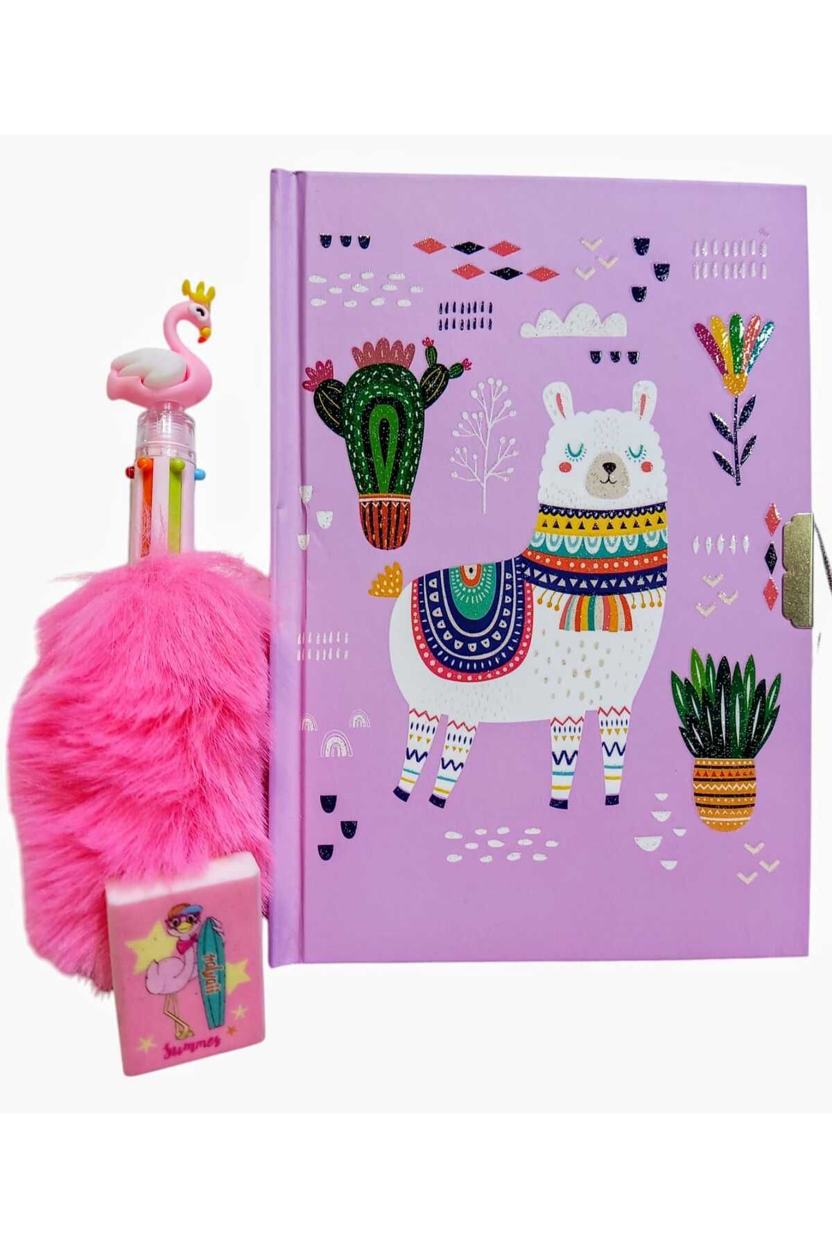 izmir yazici servis-Lama Locked Notebook Souvenir and Diary Notebook - Flamingo Feather 6 Color Ballpoint Pen Set 3