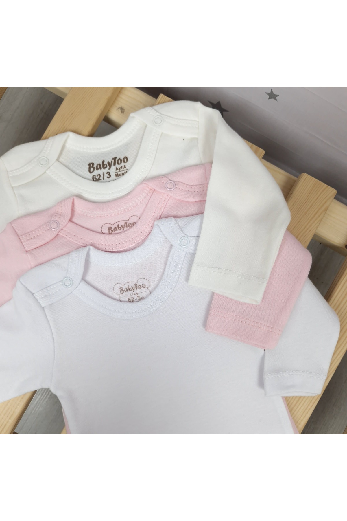 Babytoo 3'lü %100 pamuklu kız bebek uzun kollu çıtçıtlı bisiklet yakalı hastane çıkışı yenidoğan bebek body fotoğrafı 2 (önizleme)