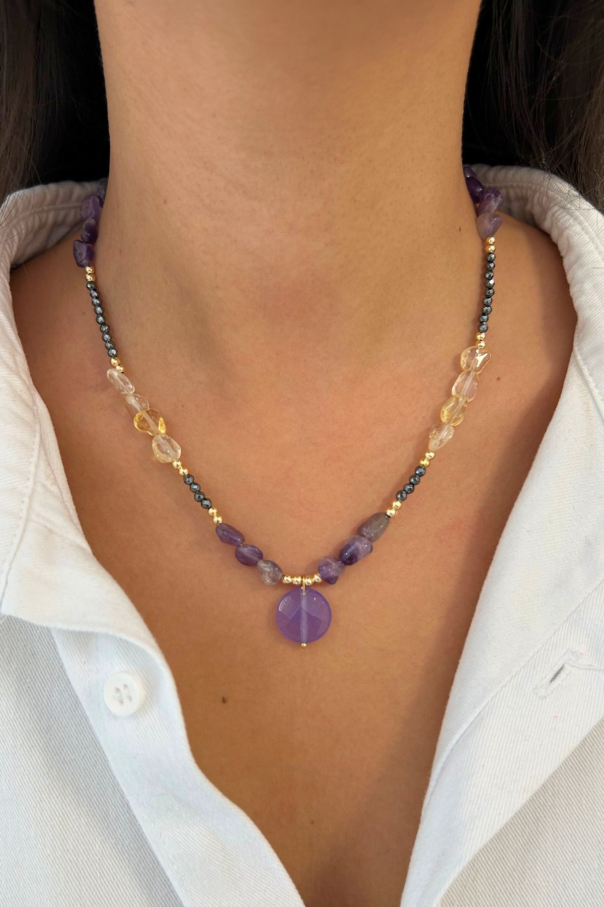 Suerte Accessories-Handmade Special Design Women's Necklace with Amethyst and Hematite Natural Stone 1