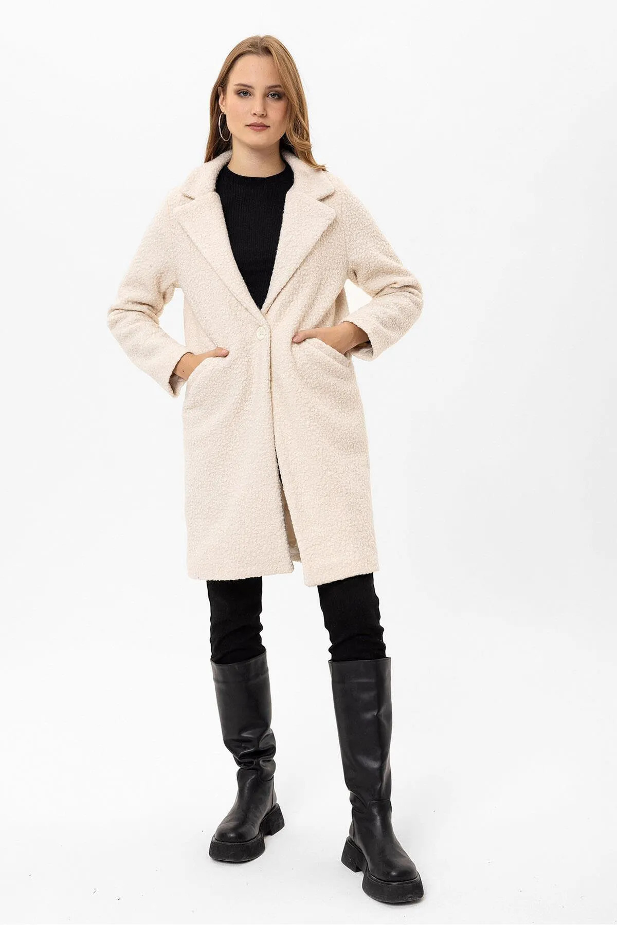 citycenterfashion  Kadın Tek Düğme Kapamalı Buklet Kaban cty-şim-245301 - Görsel 7