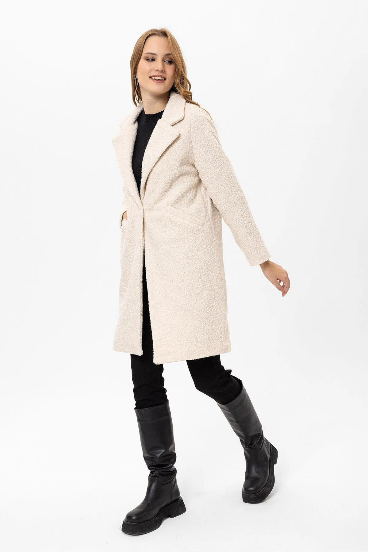 citycenterfashion  Kadın Tek Düğme Kapamalı Buklet Kaban cty-şim-245301 - Görsel 6