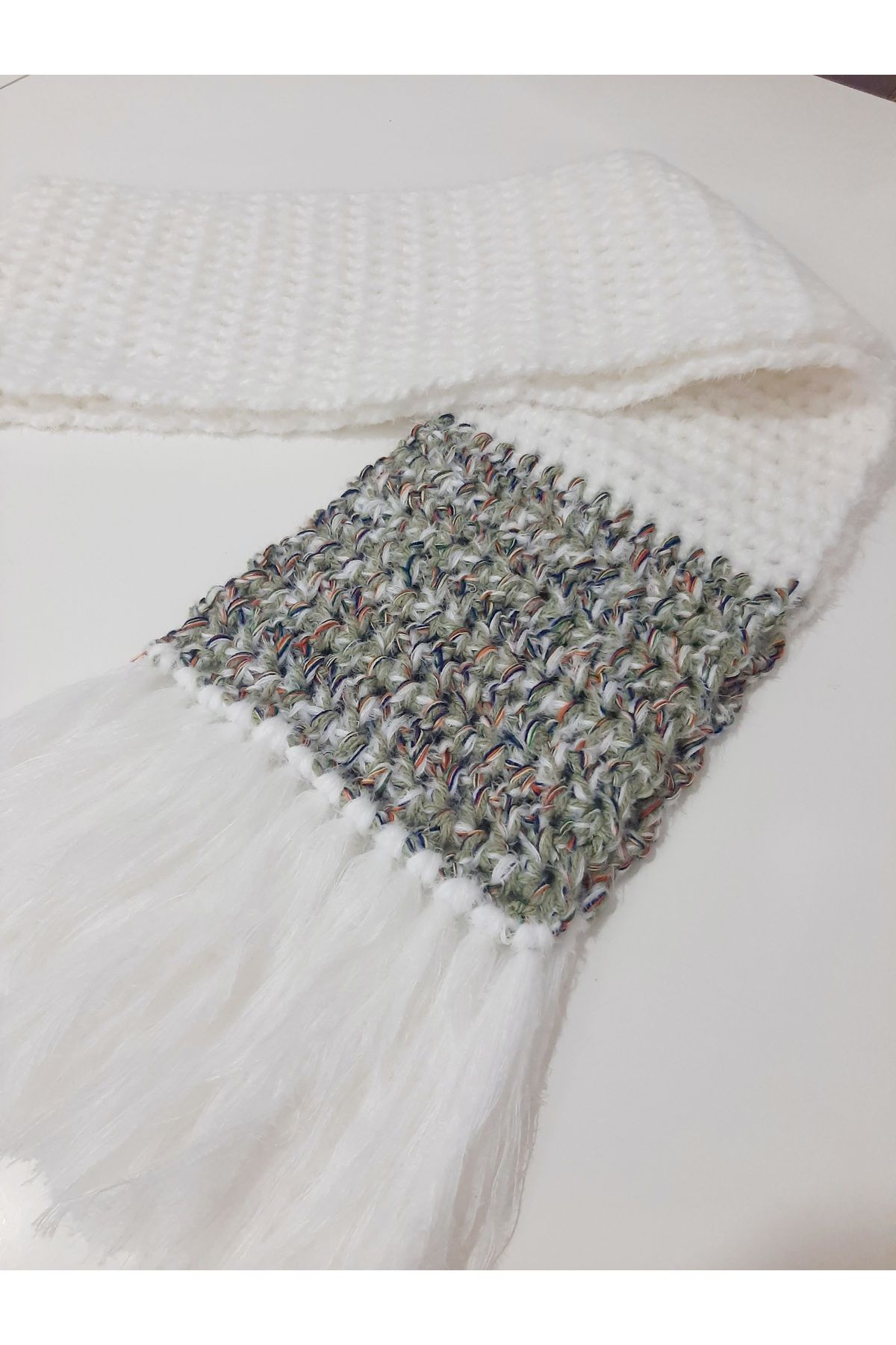 zümal tekstil tasarım-Hand Knitted Scarf Cashew Handmade (Ecru-Green) 4