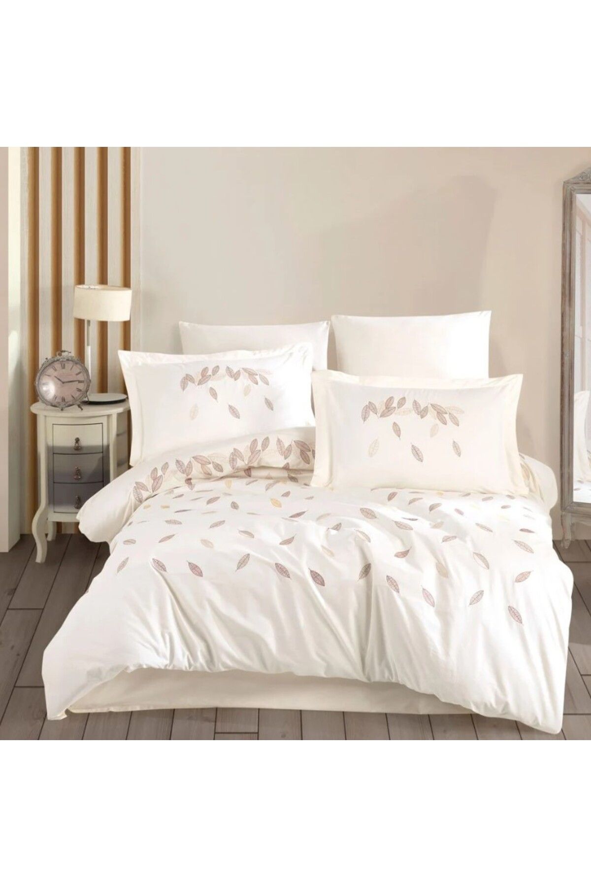 FAYMEM GLOBAL Çift Kişilik Poplin Premium Nakışlı Nevresim Lidia Krem