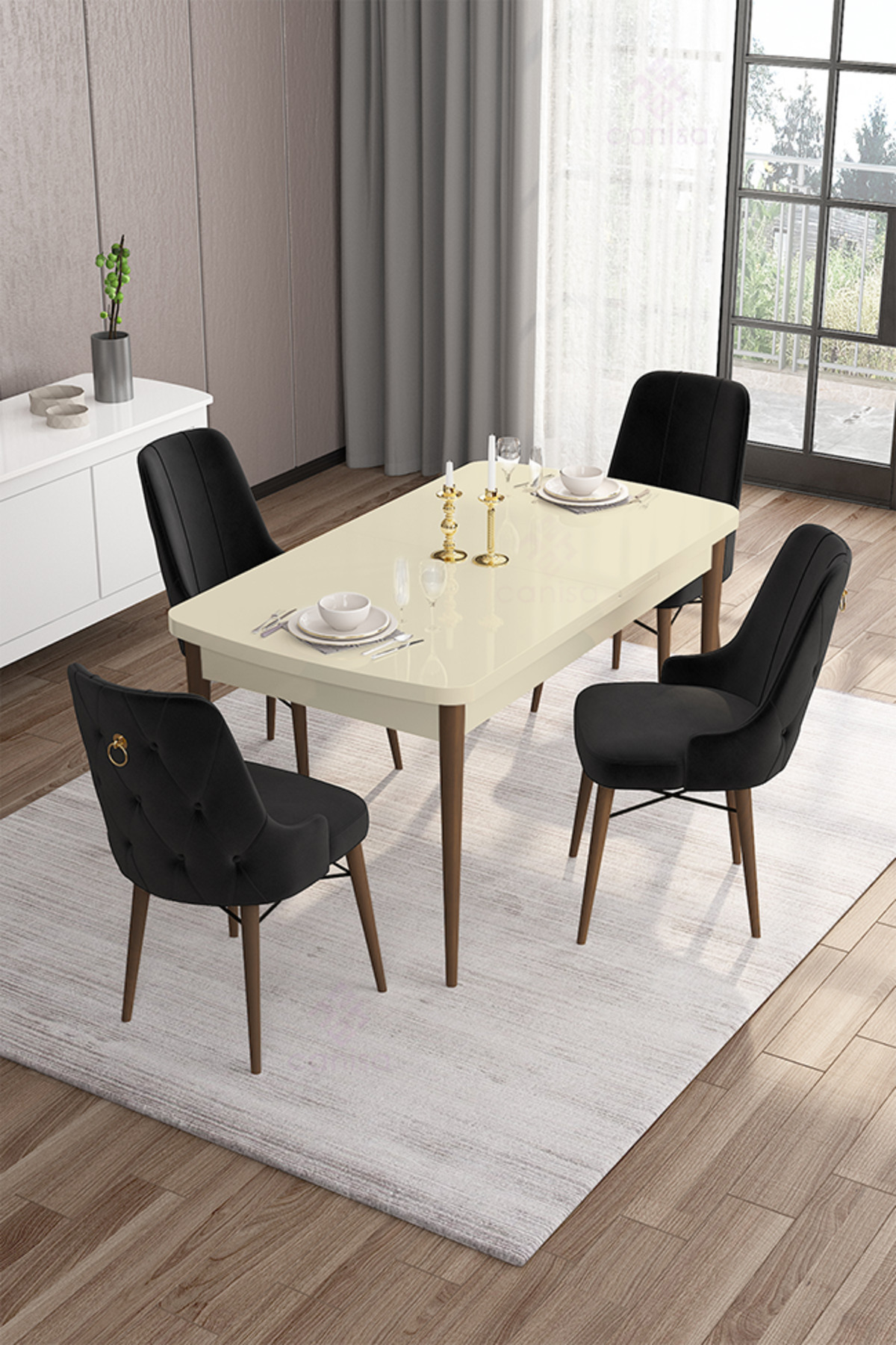 Are Series 80x132 Mdf Openable Cream Table Walnut Foot Table Set And 4 Black Chairs