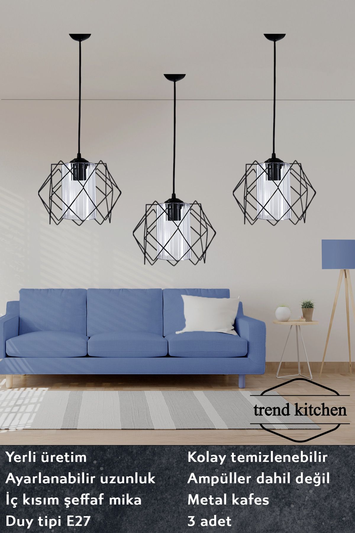 Trend Kitchen 3 Adet Siyah Jaka Akrilik Camlı Koza Sarkıt Avize Salon, Mutfak, Koridor, Antre