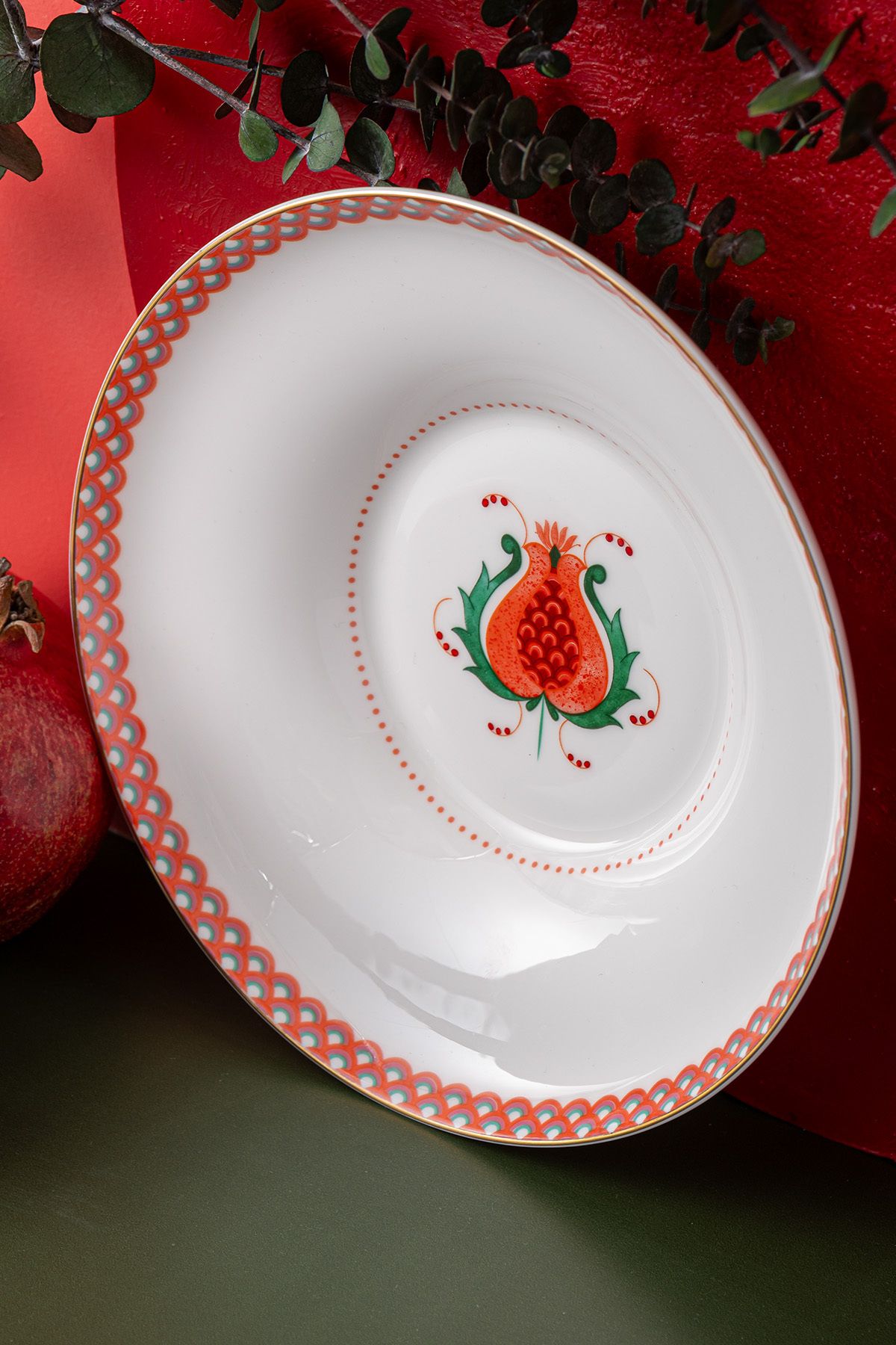 İSTANBUL PORSELEN-Red Pomegranate Fine Bonnet Pit Plate - Istanbul Porcelain 22 cm 2