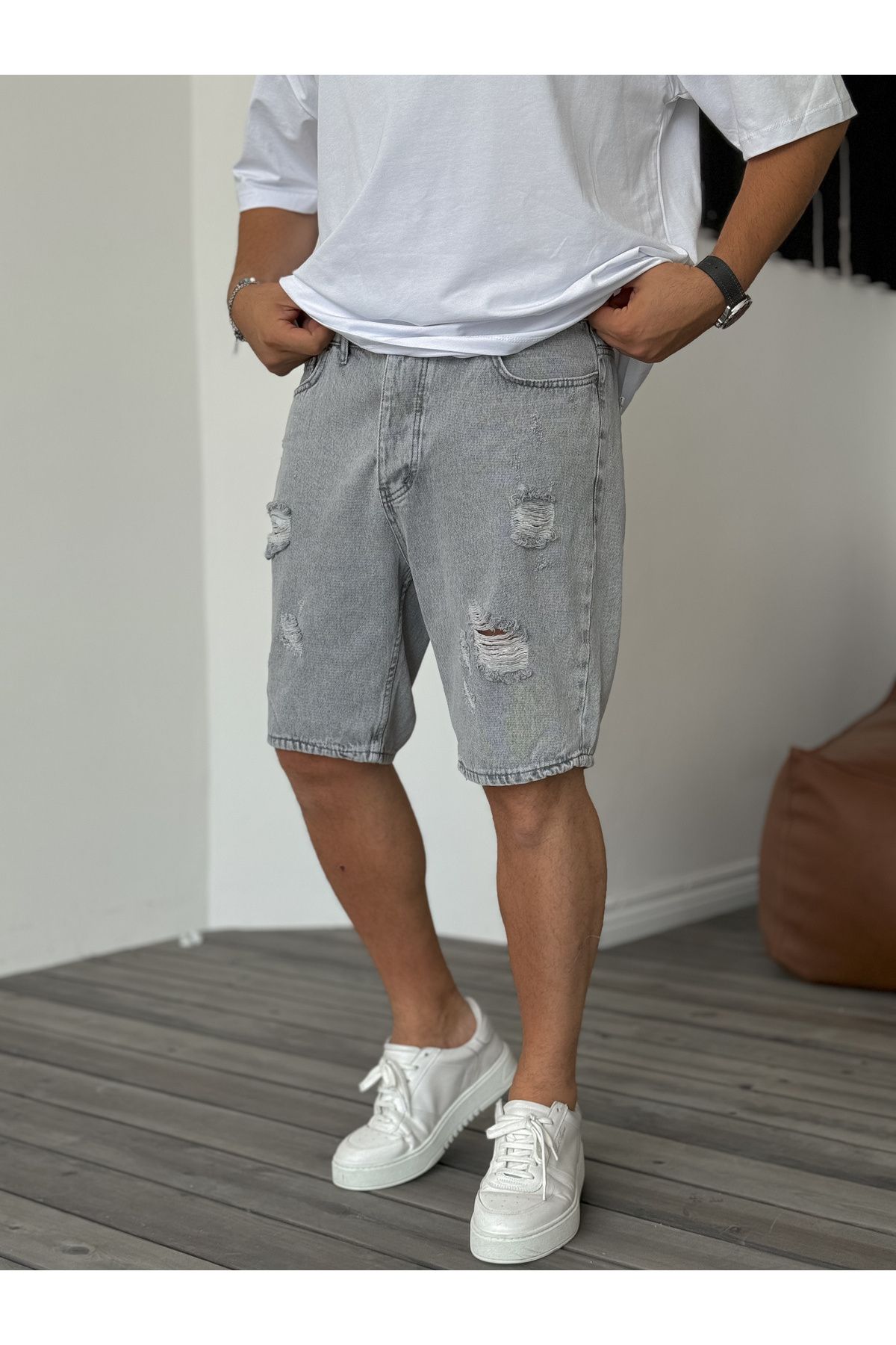 BYBASICMAN-Gray Ripped Denim Shorts Ke-520/583 4