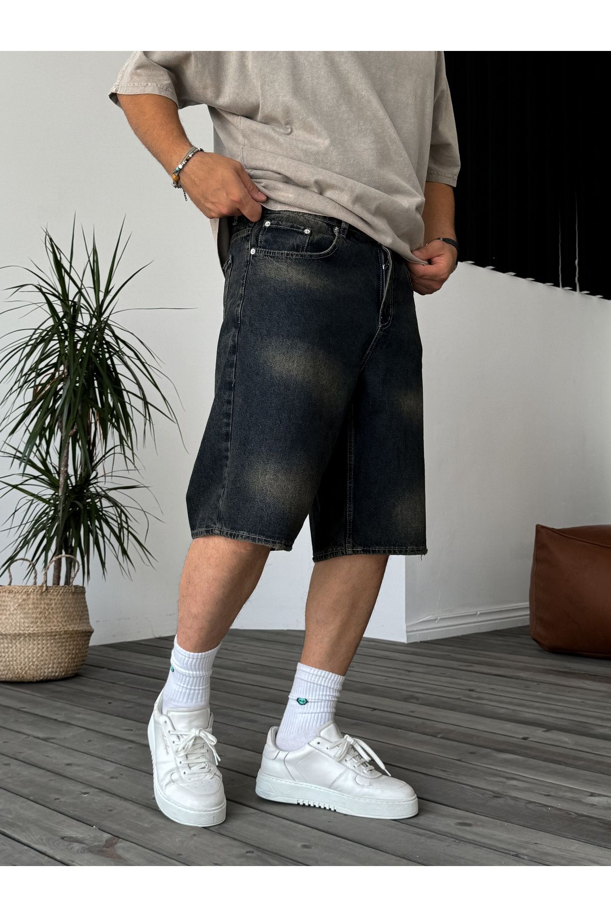 BYBASICMAN-Pantaloni scurți oversize din denim albastru bleumarin G-5001 2