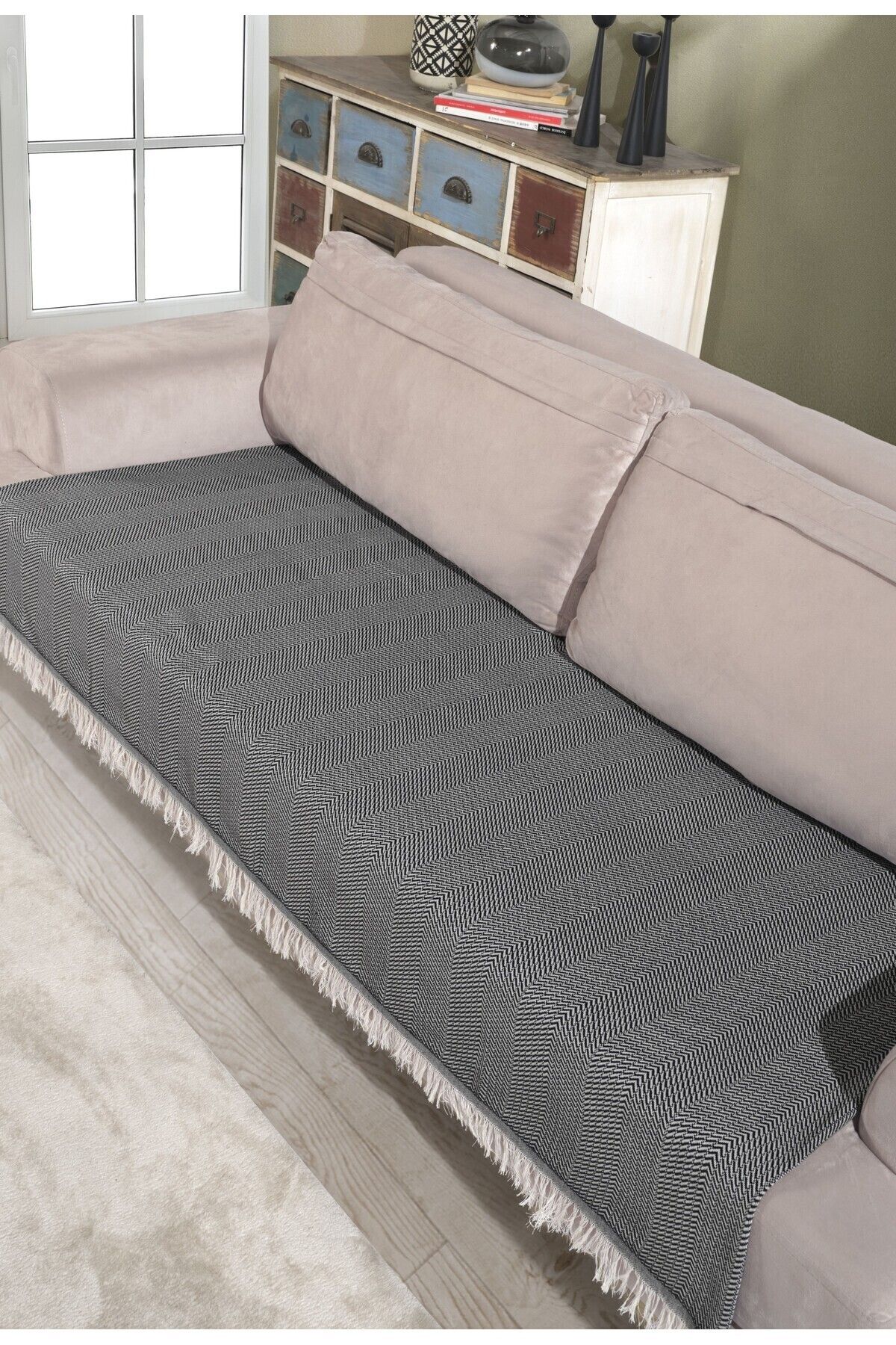 Miracolo Home-غطاء أريكة قطن مخطط باللون الأسود مقاس 115x200 - نمط أمامي مهدب 2