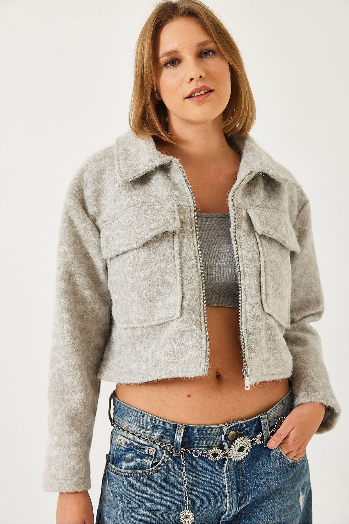 Bianco Lucci-Women's Double Pocket Crop Stamp Jacket 2638 60261101 3