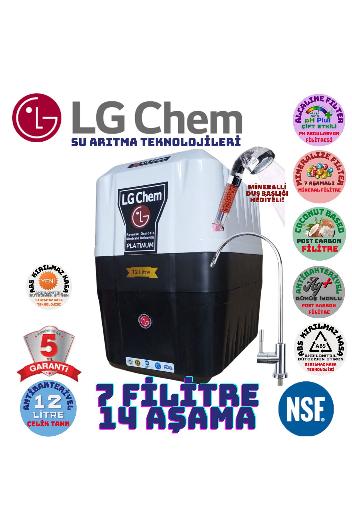 LG Chem Platınum Plus Siyah-beyaz 12 Litre 7 Filitre 14 Aşamalı Su Arıtma Cihazı.duş Başlığı Hediye