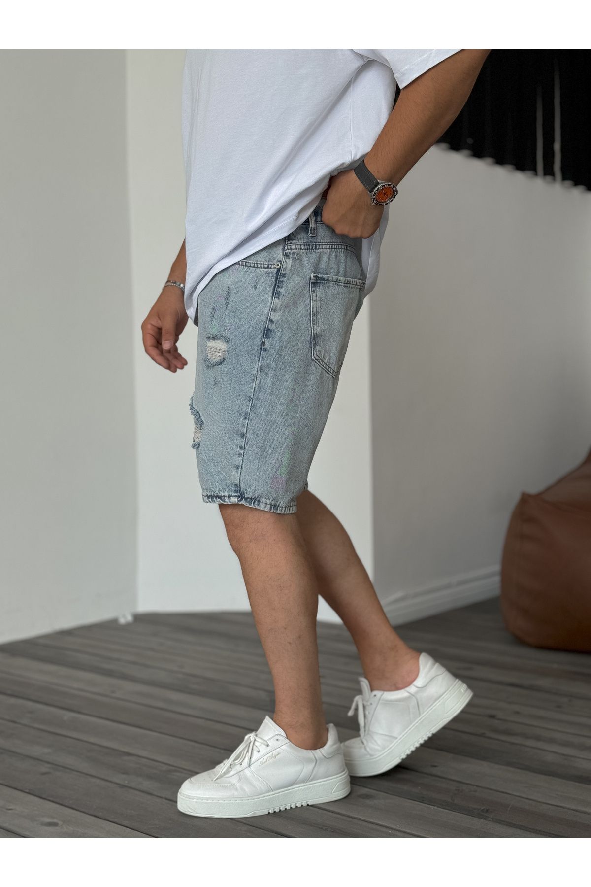 BYBASICMAN-Light Blue Ripped Denim Shorts Ke-520/583 5