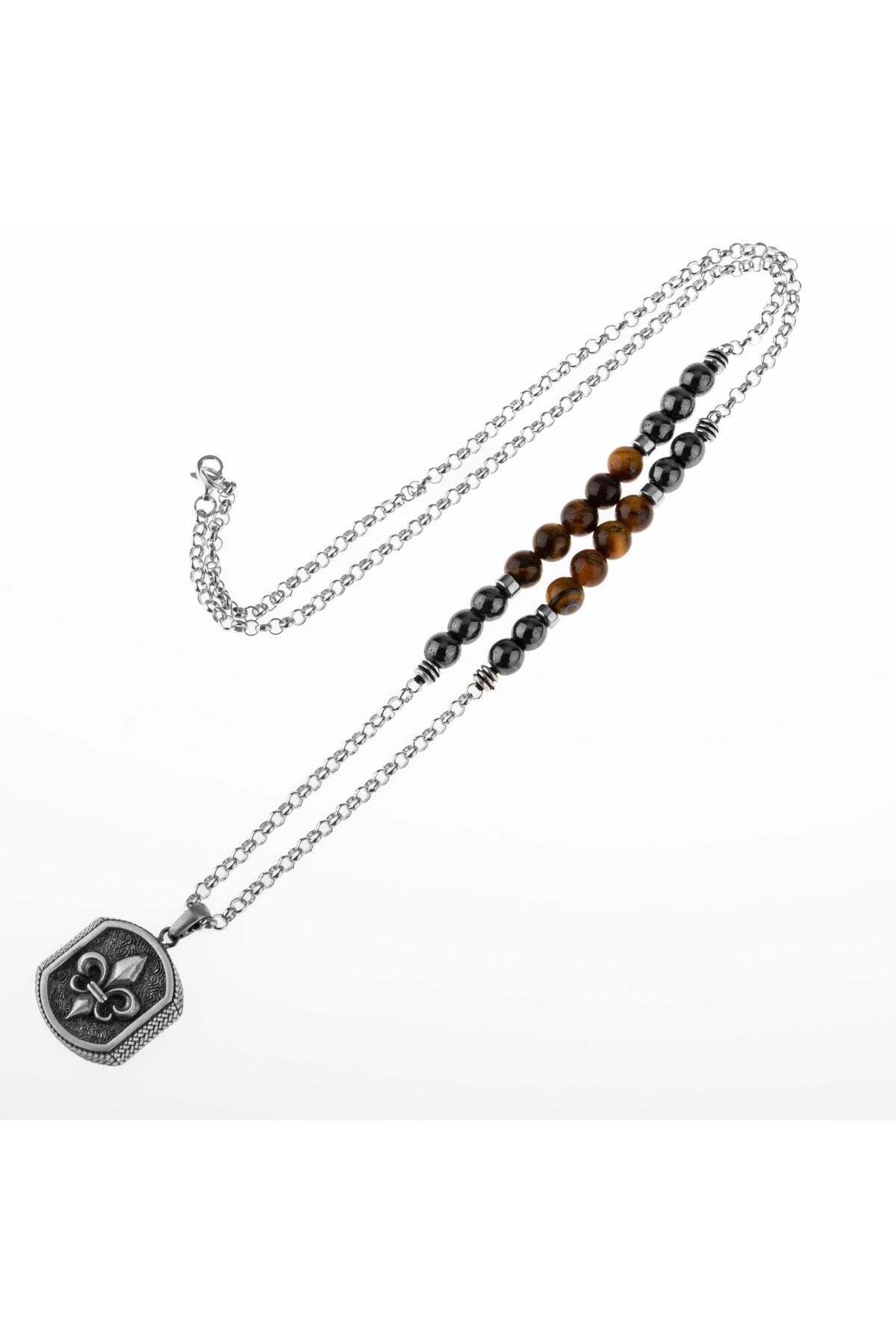 OSMANLI DOĞAL TAŞ-Tiger Eye-hematite Natural Stone Men's Silver Design Necklace 7