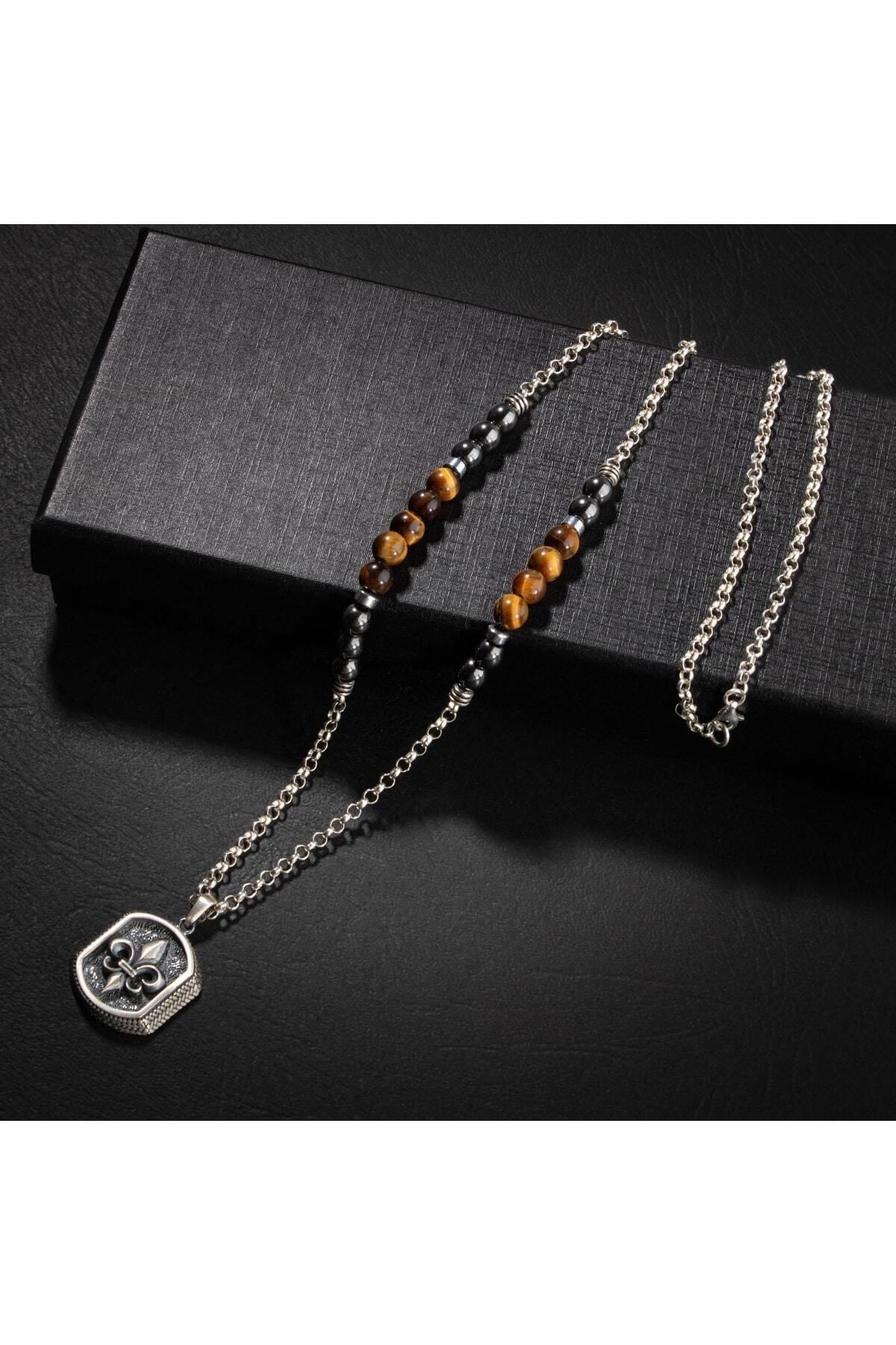 OSMANLI DOĞAL TAŞ-Tiger Eye-hematite Natural Stone Men's Silver Design Necklace 4