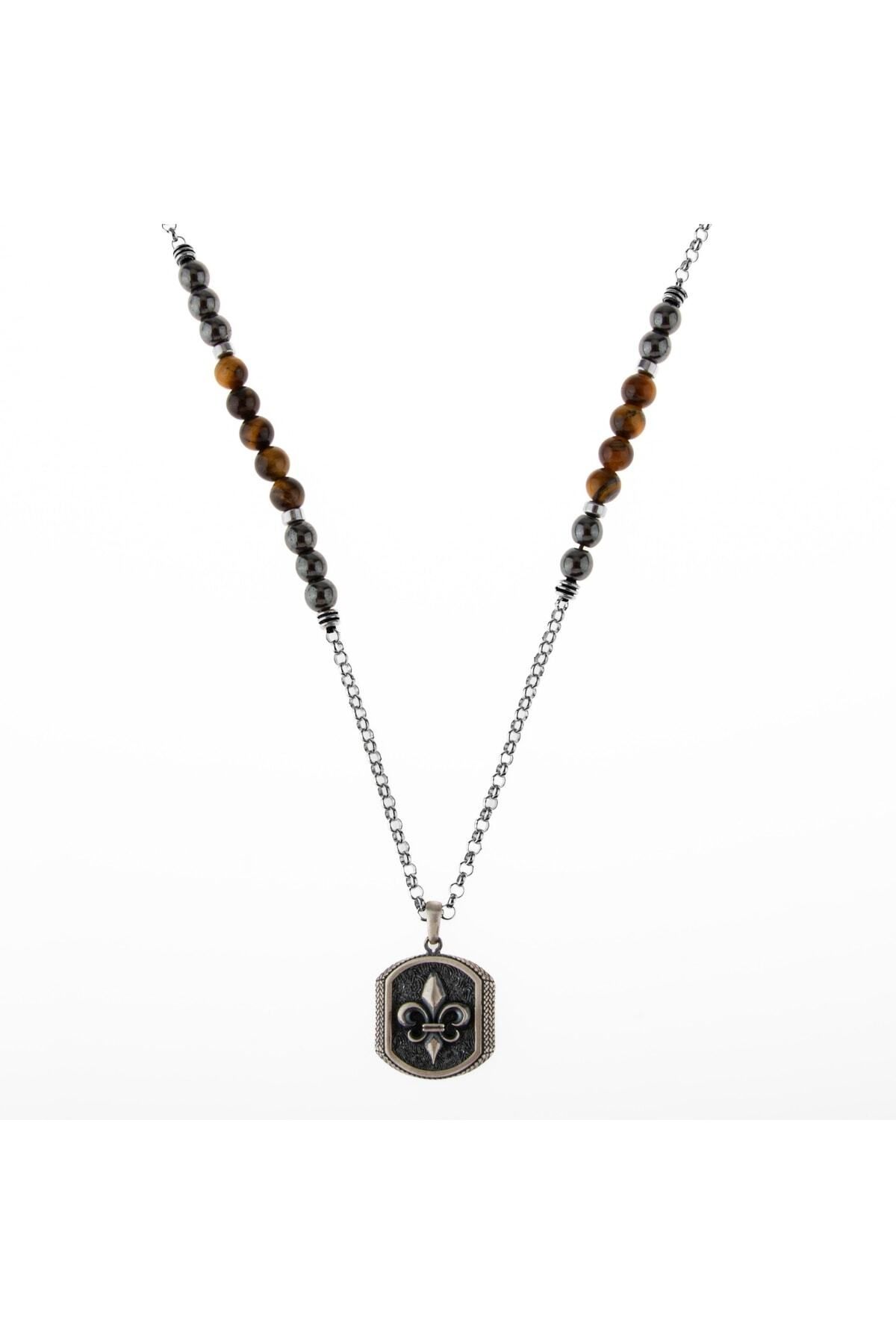 OSMANLI DOĞAL TAŞ-Tiger Eye-hematite Natural Stone Men's Silver Design Necklace 8