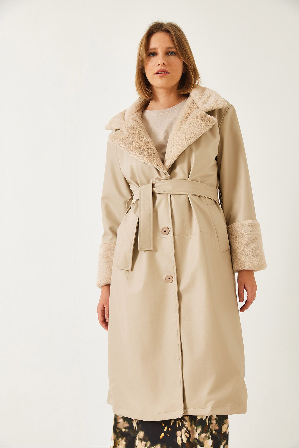 Bianco Lucci-Women's Furry Leather Long Jacket 2259 60251914 4