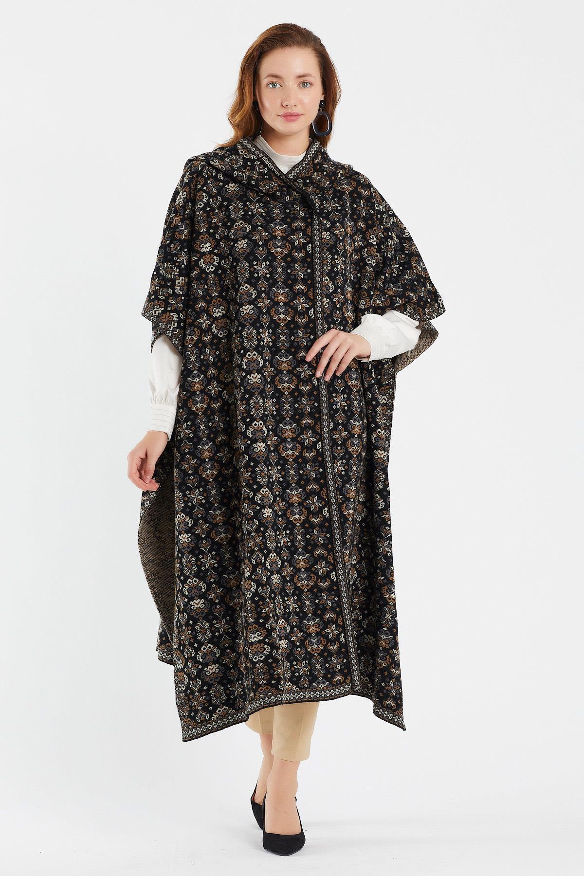 Black Floral Patterned Hooded Knitwear Women's Poncho