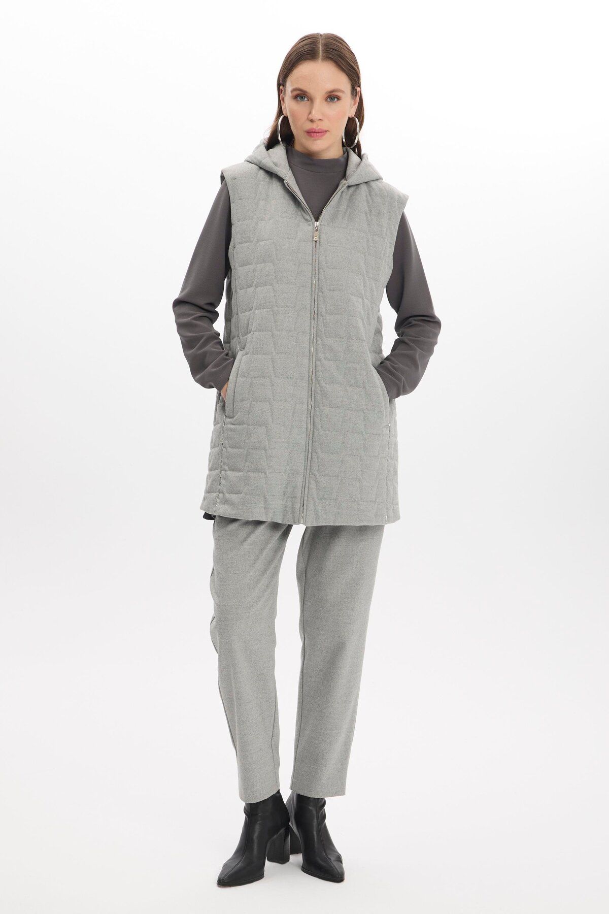 Zühre-Gray Quilted Patterned Hooded Double Set - Tk-1347 4