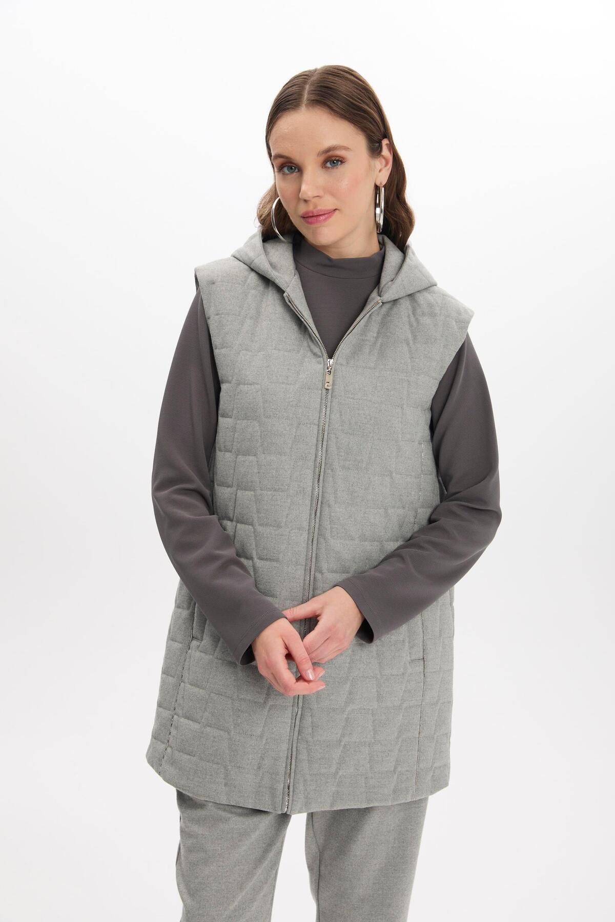 Zühre-Gray Quilted Patterned Hooded Double Set - Tk-1347 3