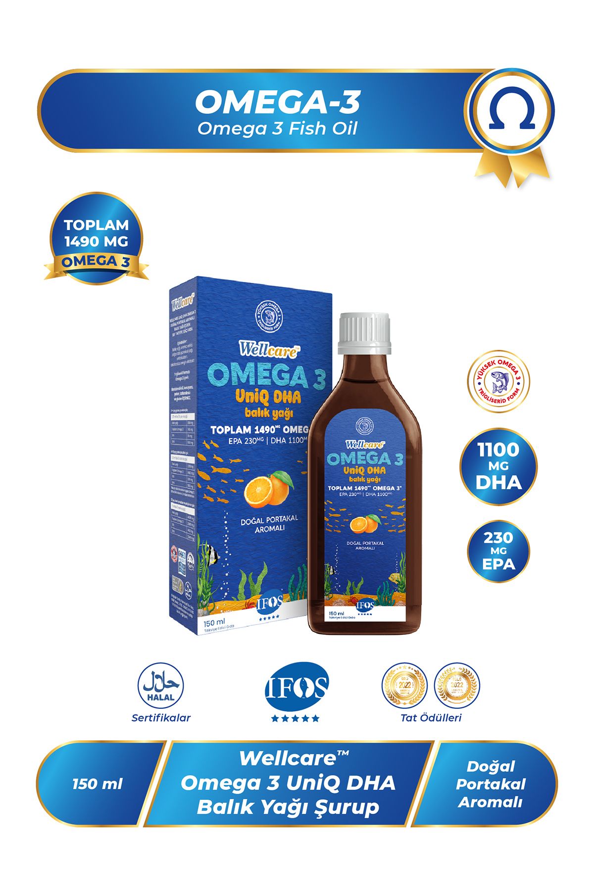 Wellcare Uniq Dha Omega 3 Doğal Portakal Aromalı Balık Yağı - 150 ml