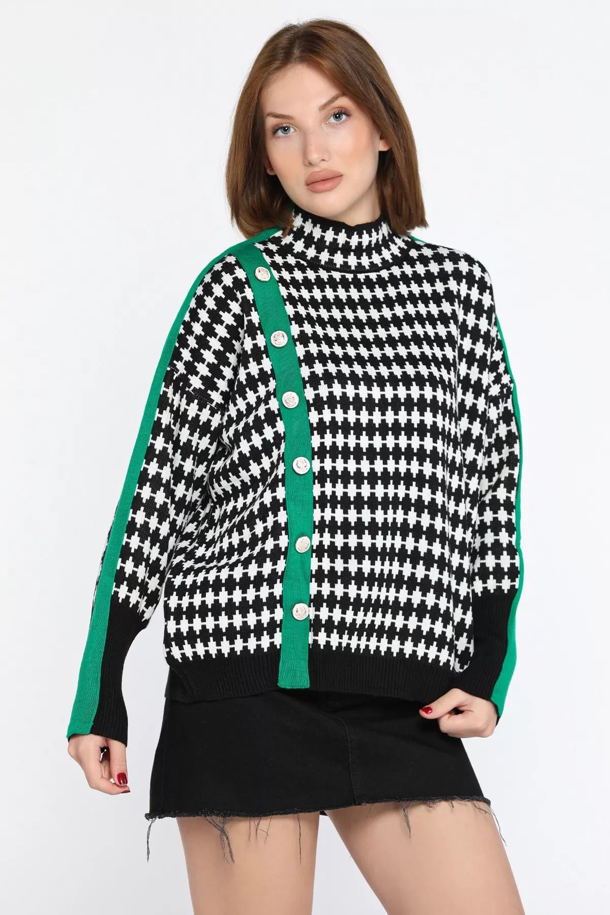 GÜLSELİ-Black Green Women's Half Turtleneck Button Detailed Knitwear Sweater 1