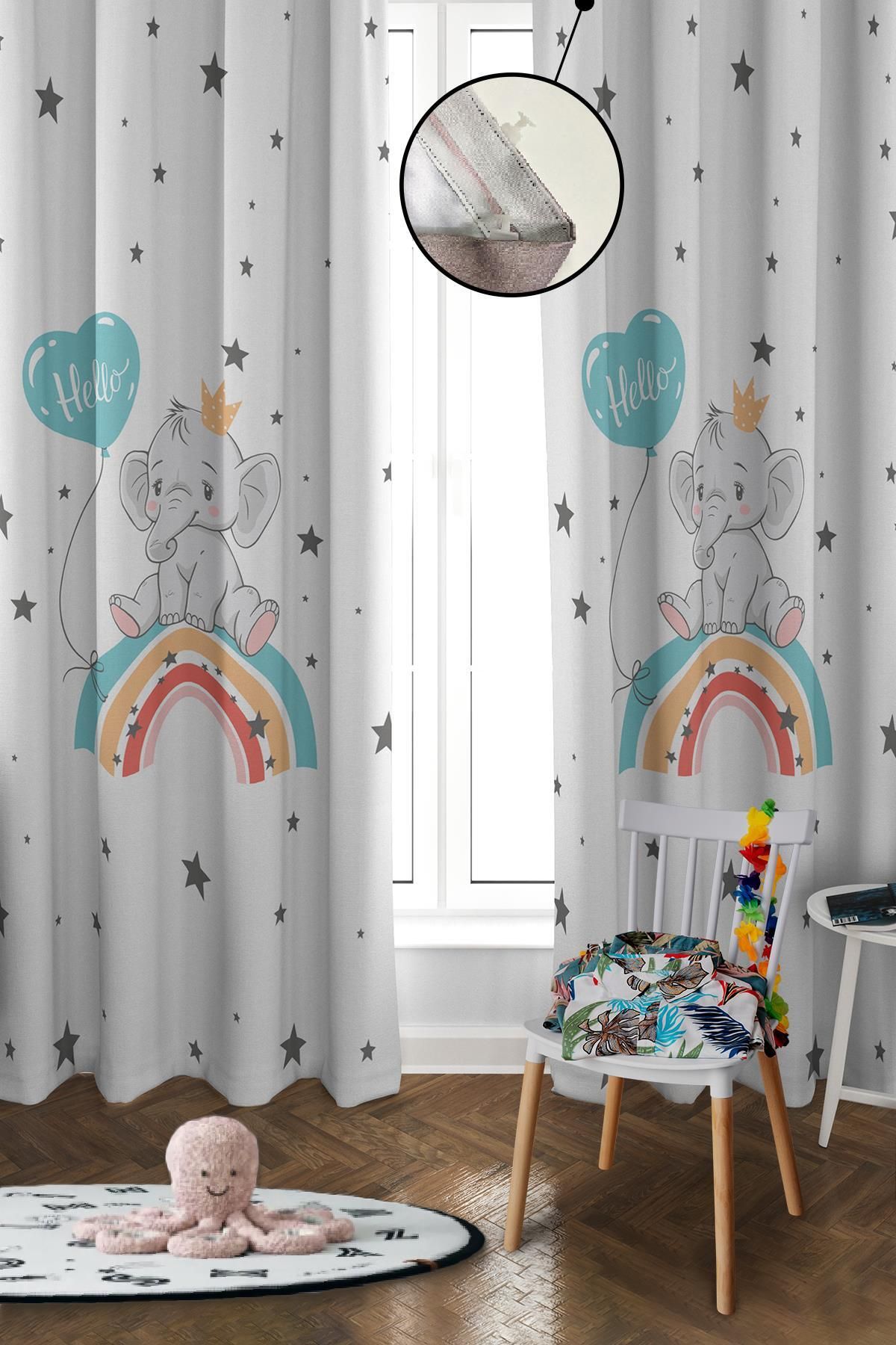 Doruklar Home Collection Imprimare Digitală, Lavabilă, Model De Elefant Curcubeu, 2 Aripi, Perdea De Fundal Pentru Cameră Pentru Bebeluși Și Copii -