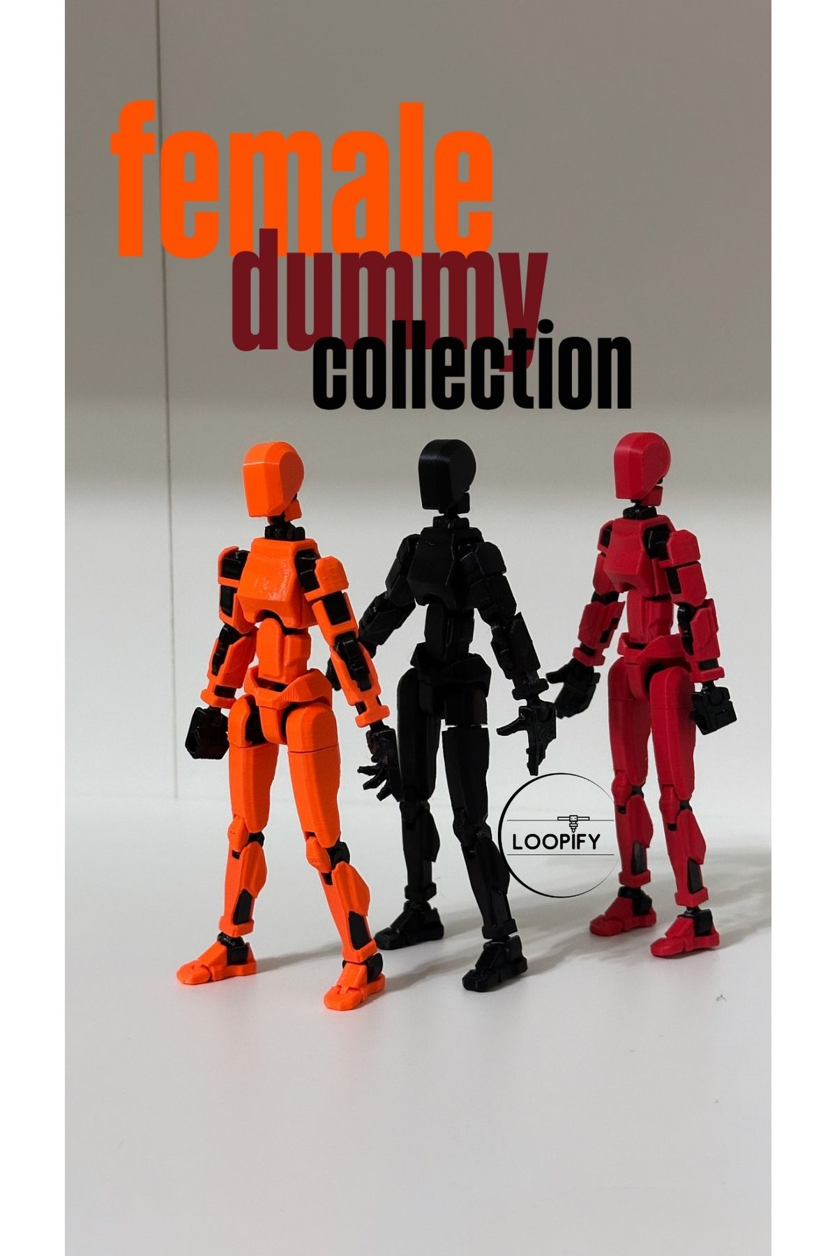 Loopify Lucky 13 Oynar Eklemli Kadın Robot Figür Oyuncak - Üçlü Set (TURUNCU, KIRMIZI, SİYAH KADIN DUMMY)