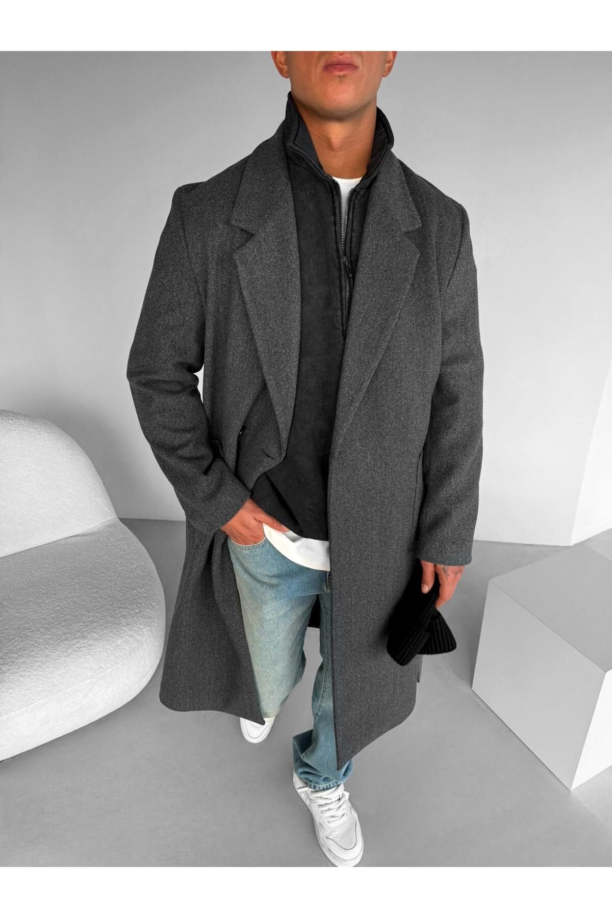 ablukaonline-Anthracite Stamp Men's Coat - Belted 3