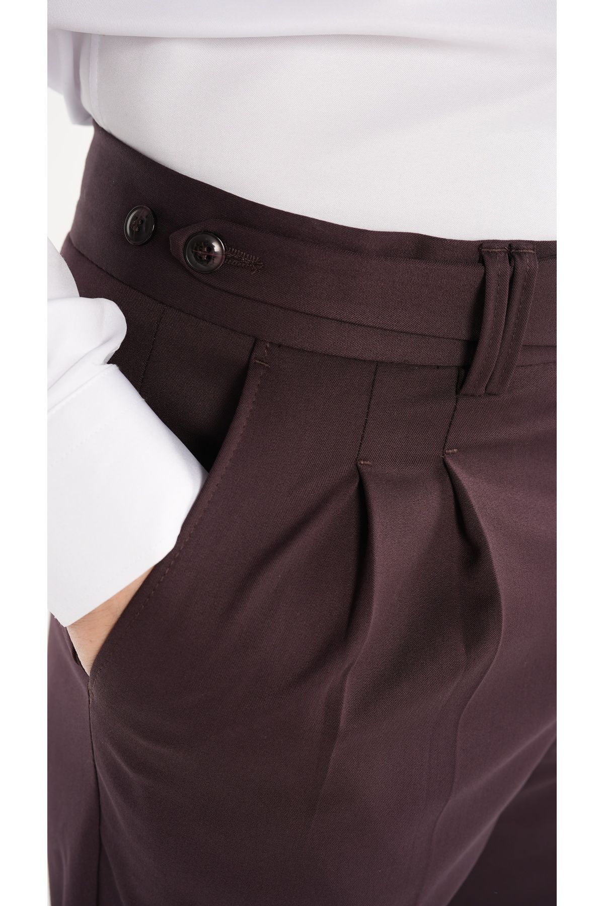 LONATOLİA-Men's Regular Fit High Waist Pleated Fabric Trousers-Burgundy 4