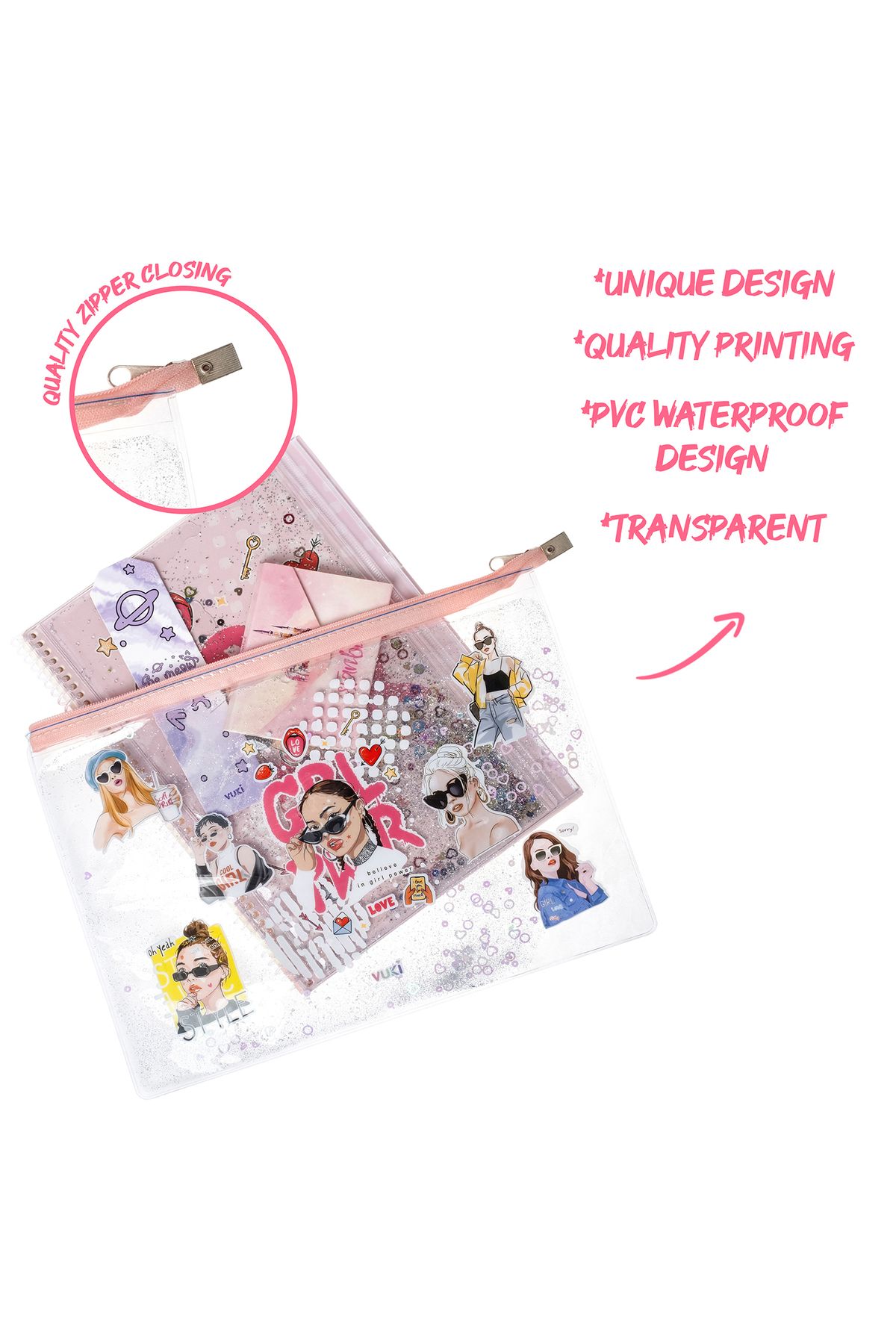 VUKİ-Zipper Clear A4 File with Lurex and Water 3