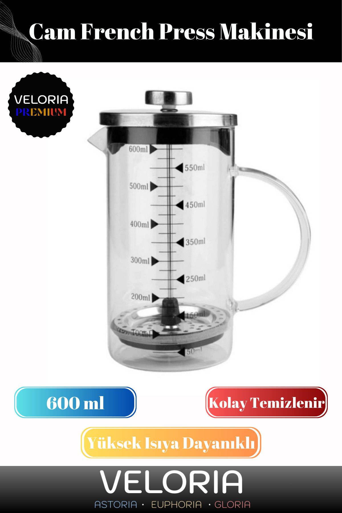 Genel Markalar Premium Seri Isıyı Uzun Süre Koruyan Süzgeçli Bitki Çayı Filtre Kahve Demliği French Press 600 ml