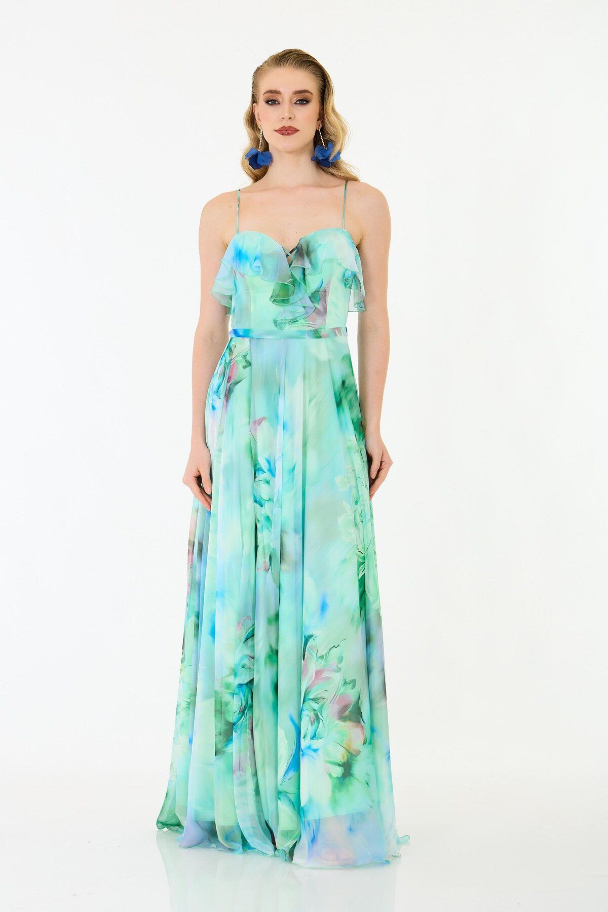 Carmen-Green Straps Long Printed Chiffon Evening Dress 3