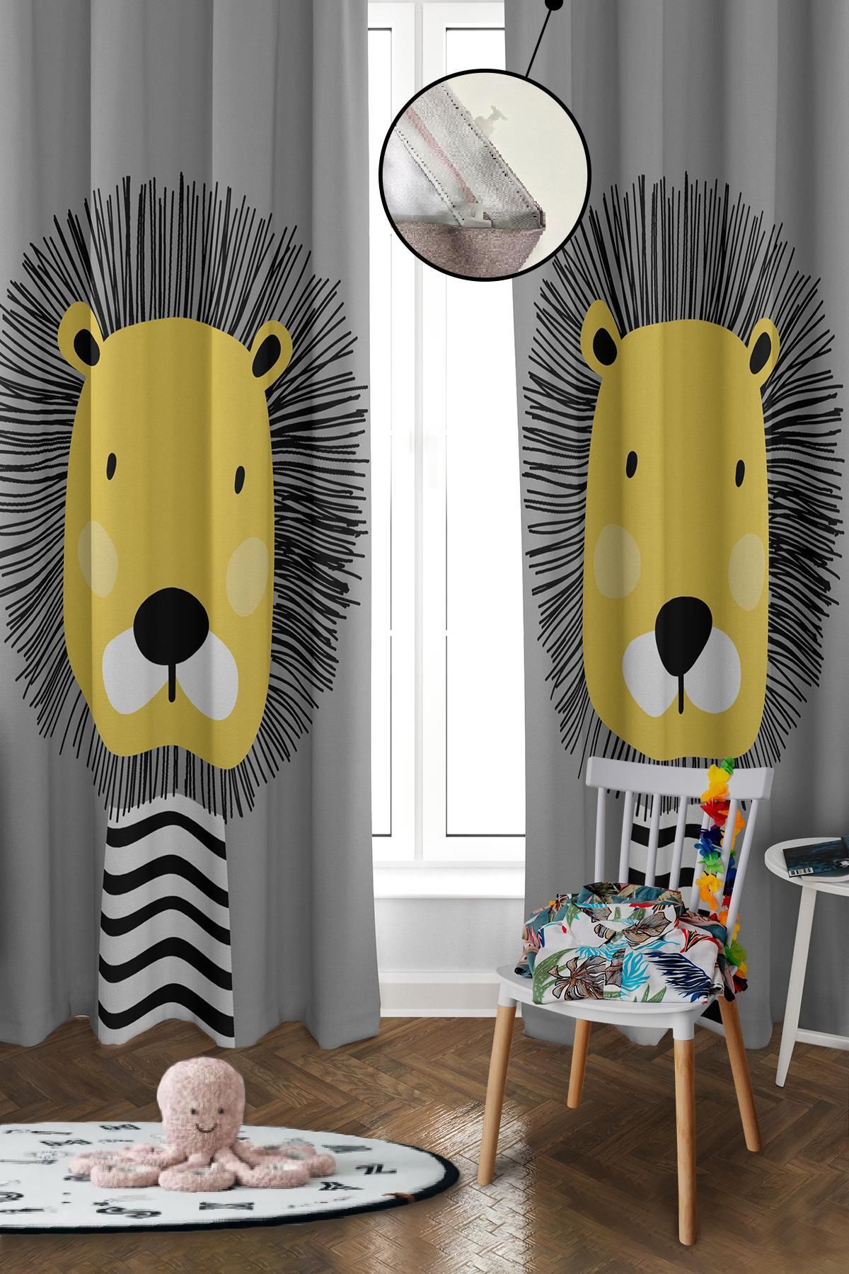 Doruklar Home Collection Imprimare Digitală, Lavabilă, Model De Leu, 2 Aripi, Perdea De Fundal Pentru Cameră Pentru Bebeluși Și Copii - 140 x 270