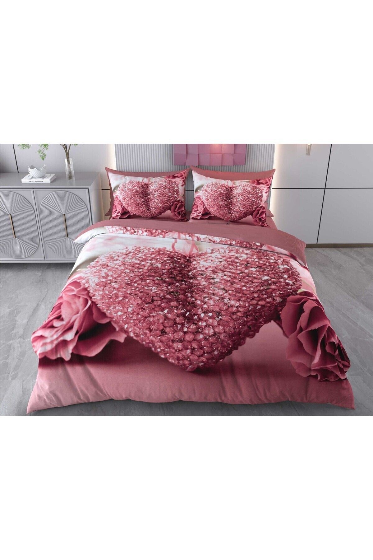 Evimemoda-3D Double Duvet Cover Set 6 Pieces Dried Rose 1