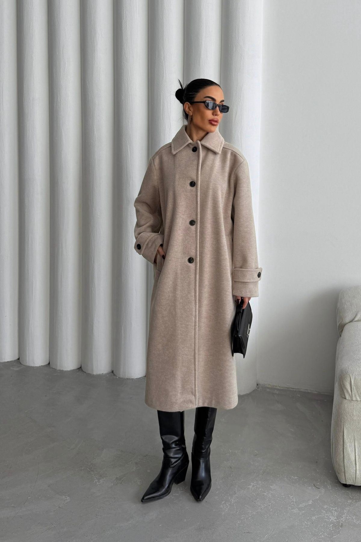 Ortaya Çık-Beige Button Detailed Cashmere Coat 5