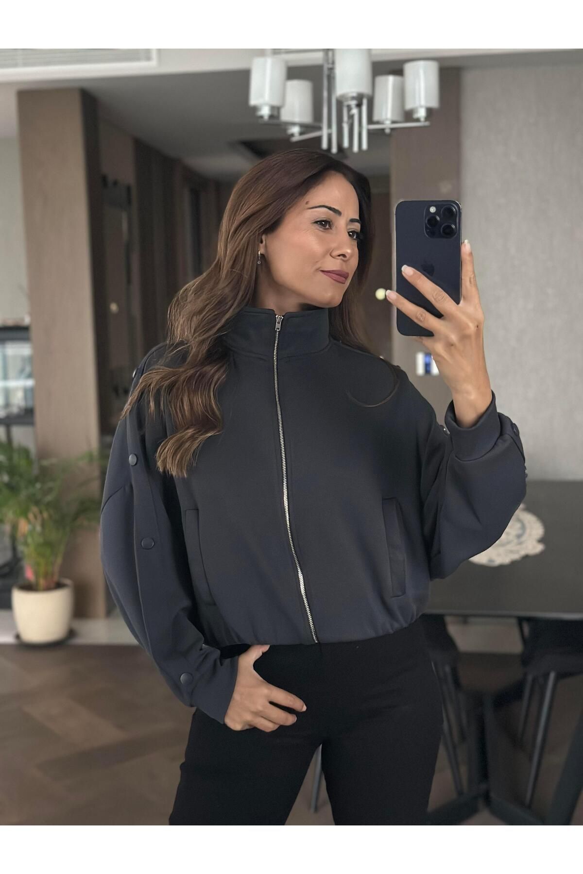 Forlady Butik Antrasit Kolları Çıtçıt Detay Fermuarlı Cepli Kadın Sweatshirt