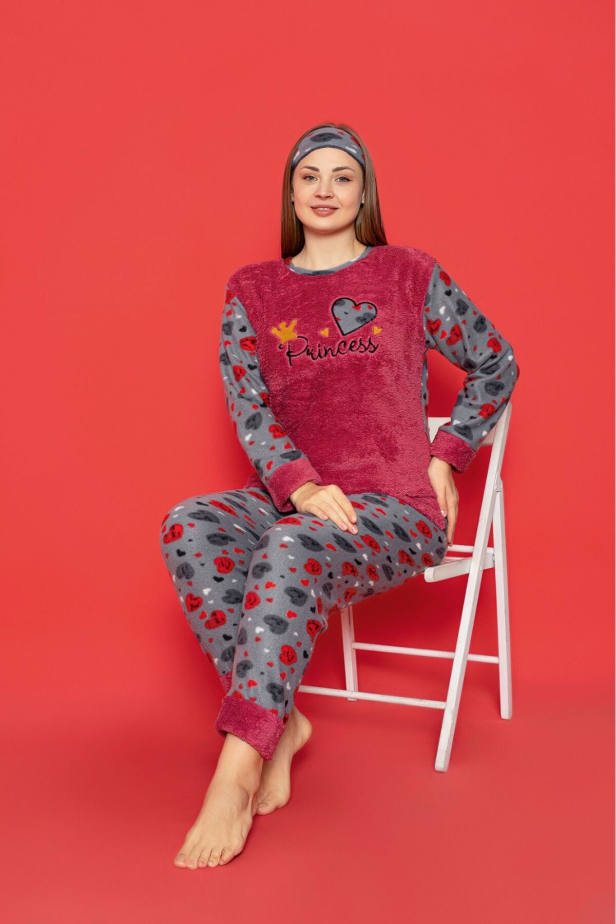 Asel-Heart Pattern Plus Size Fleece Pajamas Set 1