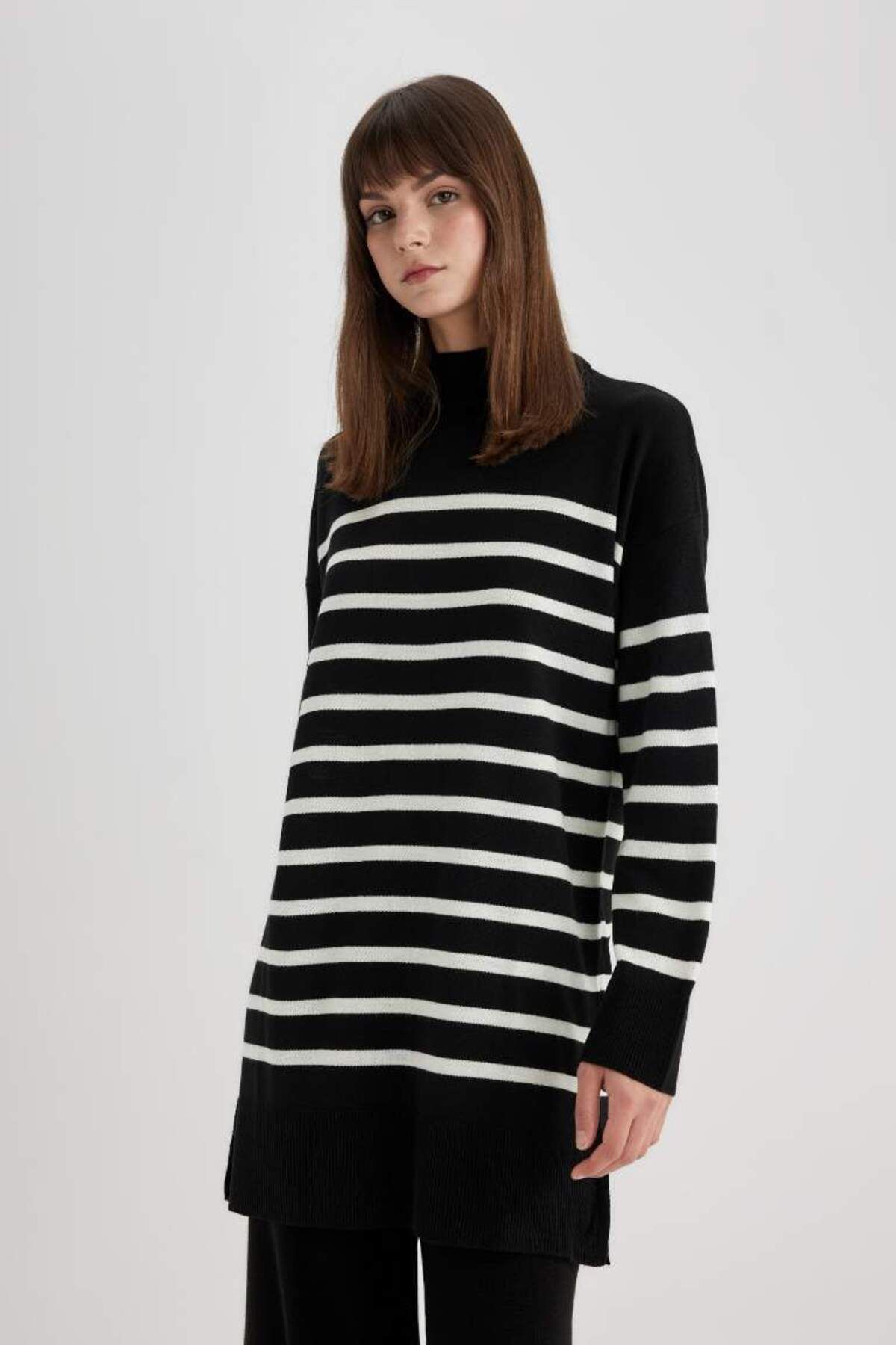 DeFacto-Relax Fit Striped Turtleneck Slit Knitwear Sweater Tunic 3