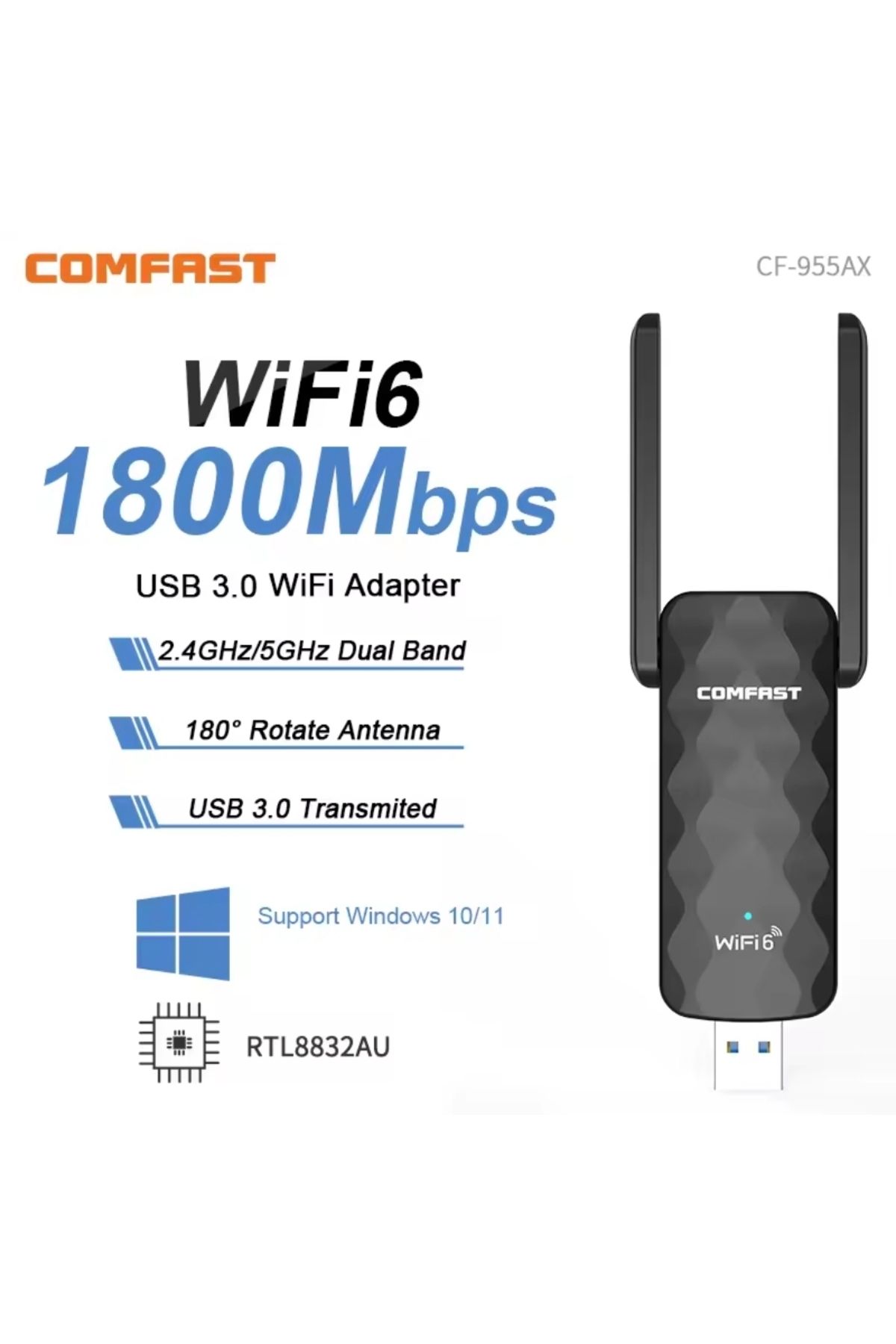 Comfast 955AX Wifi-6 Yüksek Hızlı 1800Mbps Usb 3.0 Yüksek Çekim Gücü CE Sertifikalı Çift Bant 5Ghz/2.4Ghz