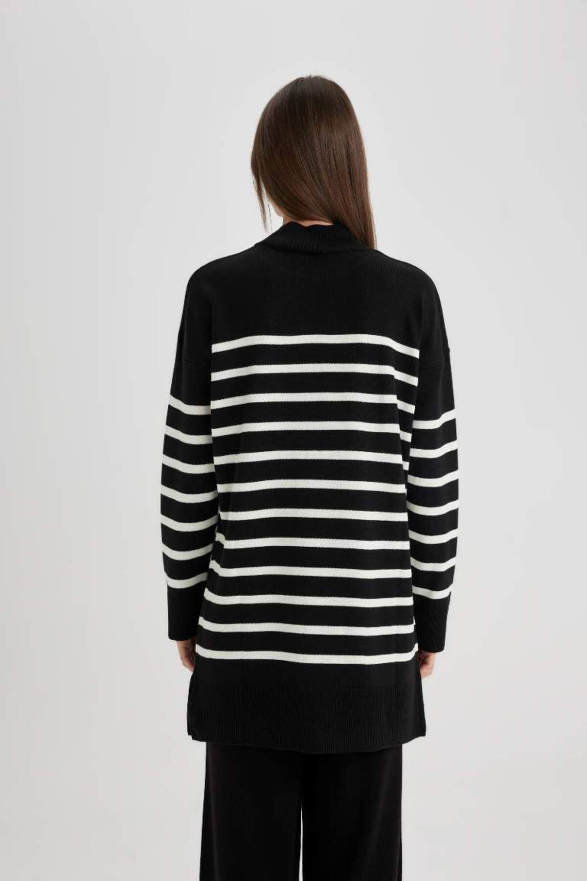 DeFacto-Relax Fit Striped Turtleneck Slit Knitwear Sweater Tunic 7