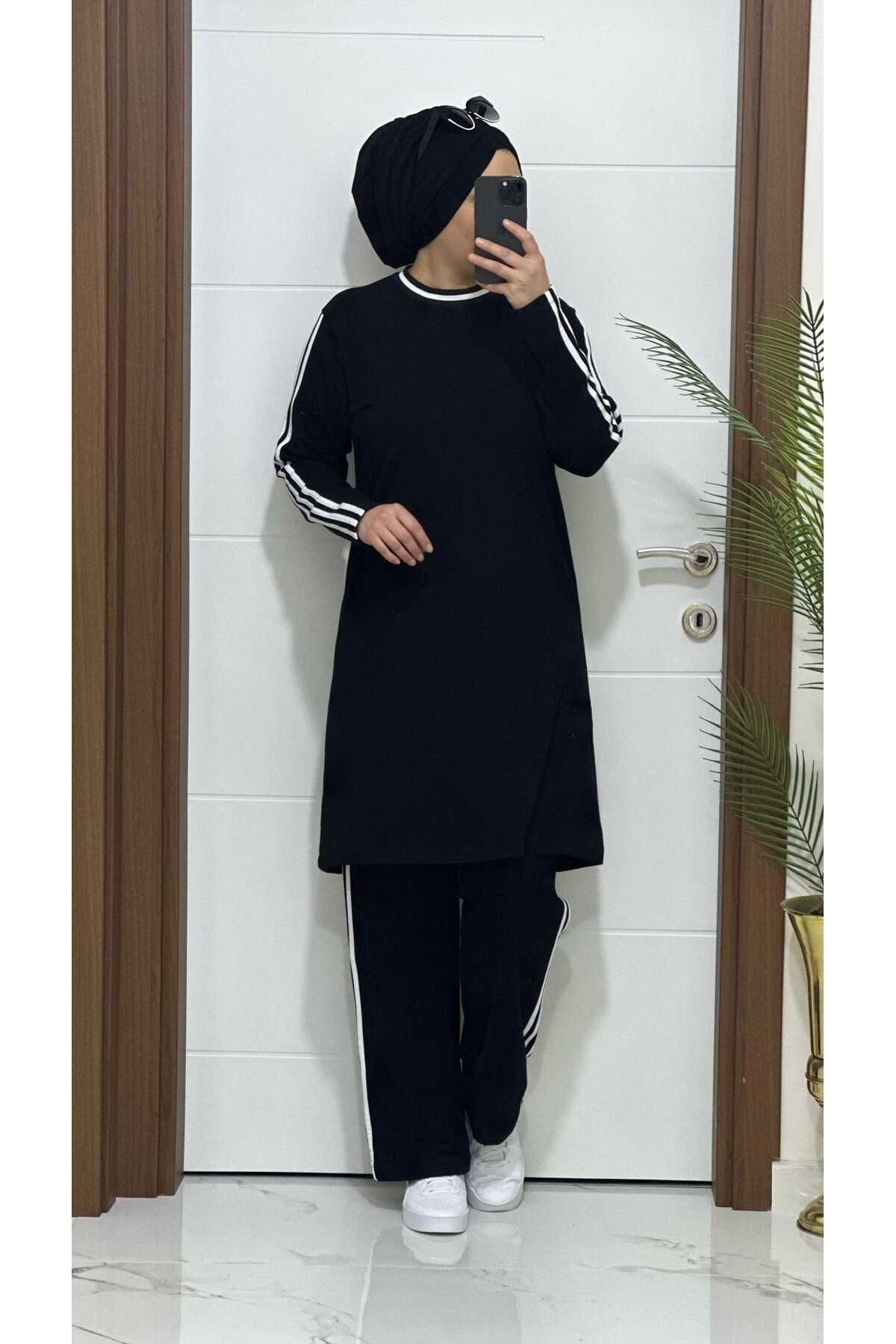 modasura-3336 K70 Black Stripe Detail Tunic Pants Two Thread Fabric Double Suit Buyuk Size New Season 1