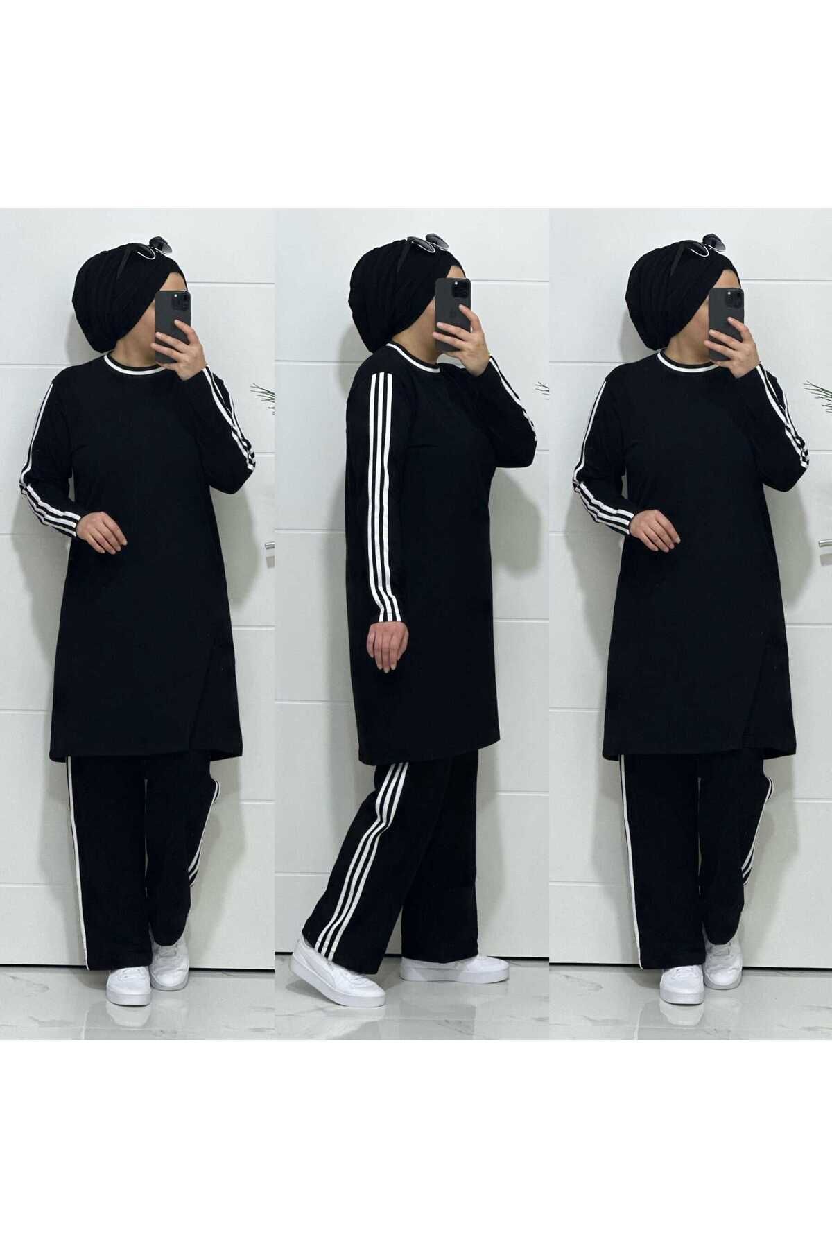 modasura-3336 K70 Black Stripe Detail Tunic Pants Two Thread Fabric Double Suit Buyuk Size New Season 2